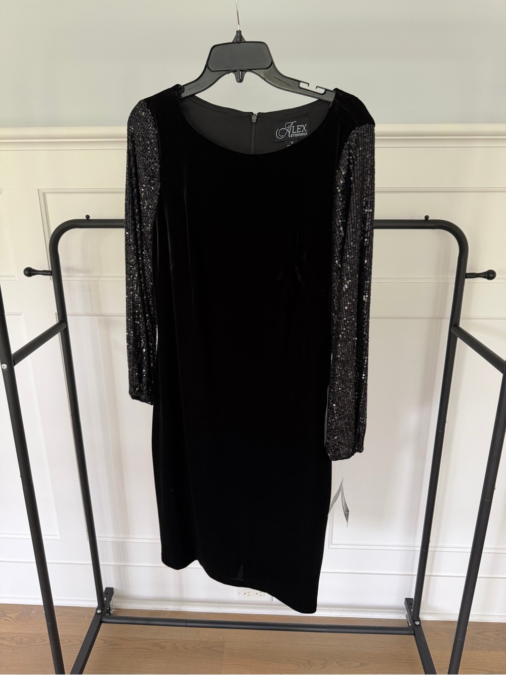 NWT Alex Evenings Black Velvet Dress with Sparkle Sequin Long Sleeves